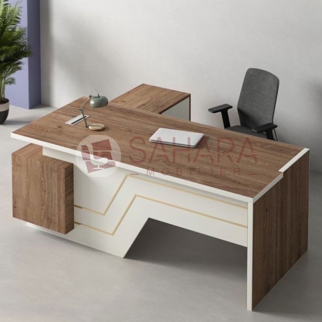 Fabrication en panneaux MDF haute densité, garantissant solidité et longévité
Finition double teinte : bois naturel foncé et blanc mat pour un contraste harmonieux
Plateau rectangulaire avec retour intégré à gauche (configuration en L inversé)
Dimensions : 180cm de longueur, offrant un large espace de travail
Revêtement mélaminé résistant aux rayures, avec texture bois naturelle
Chants plaqués avec soin pour une meilleure protection contre les chocs
Liseré blanc sur les contours, pour une touche design